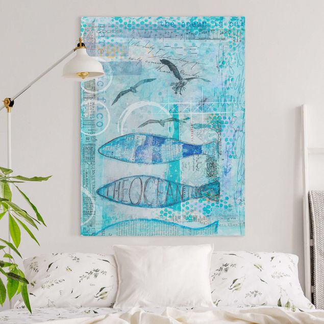 Canvastavlor fisk Colourful Collage - Blue Fish