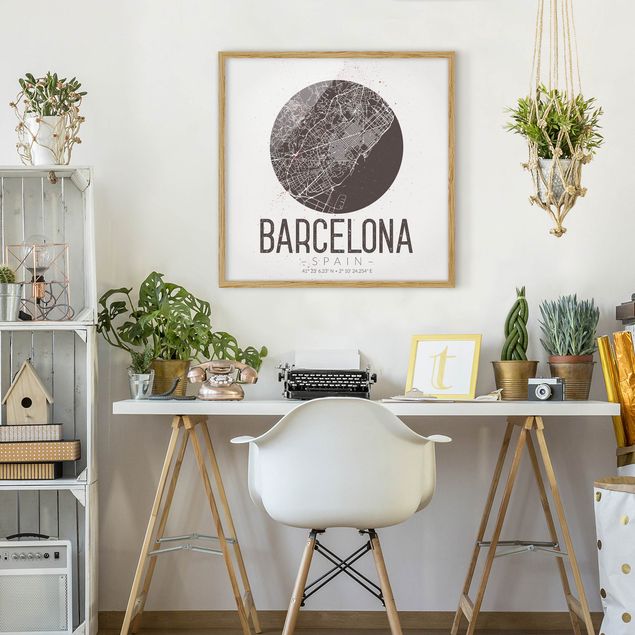 Tavlor med ram världskartor Barcelona City Map - Retro