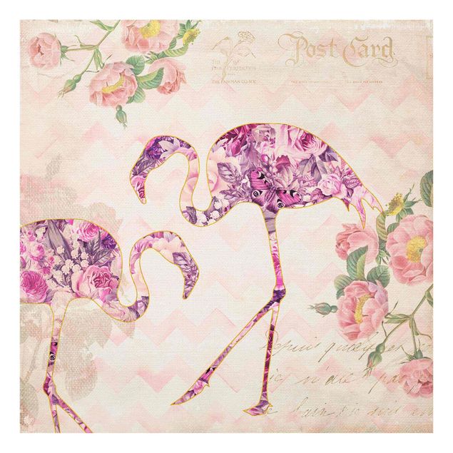 Tavlor blommor Vintage Collage - Pink Flowers Flamingos