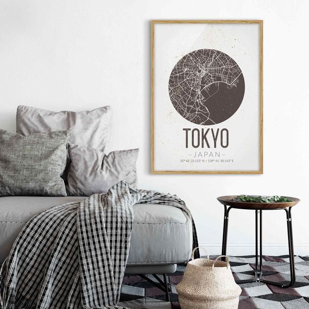 Tavlor med ram svart och vitt Tokyo City Map - Retro