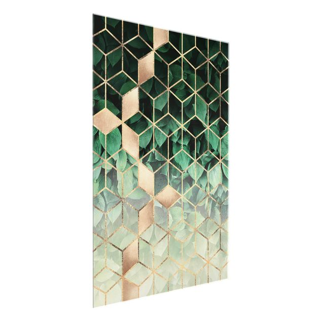 Glastavlor abstrakt Green Leaves Golden Geometry