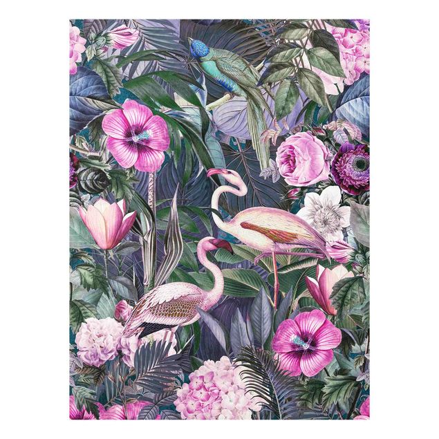 Tavlor blommor Colourful Collage - Pink Flamingos In The Jungle