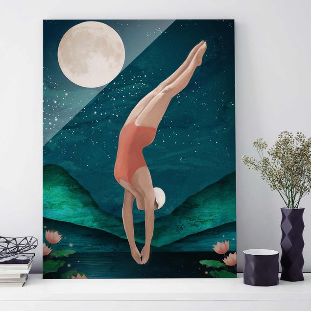 Magnettafel Glas Illustration Bather Woman Moon Painting