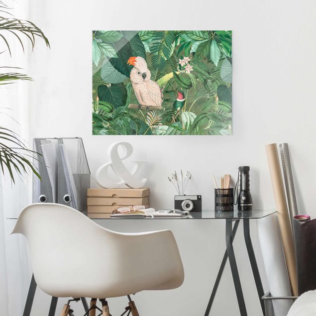 Tavlor blommor Vintage Collage - Kakadu And Hummingbird