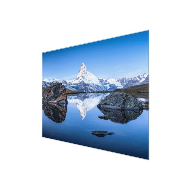 Glastavlor arkitektur och skyline Stellisee Lake In Front Of The Matterhorn