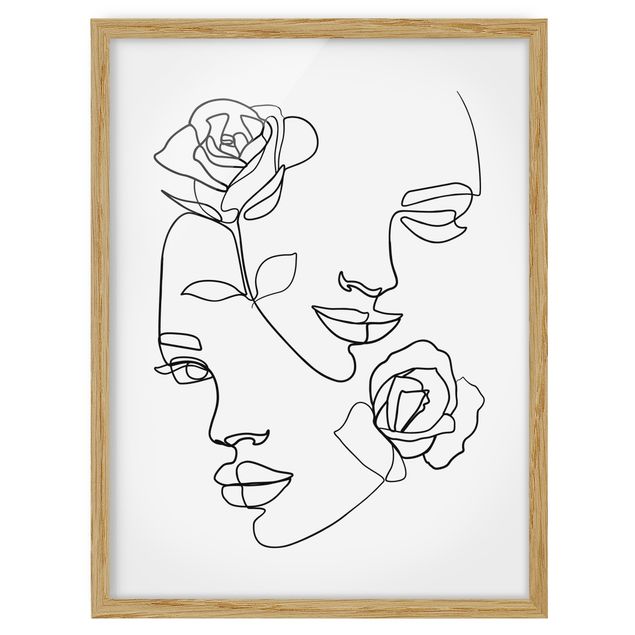 Tavlor med ram blommor  Line Art Faces Women Roses Black And White