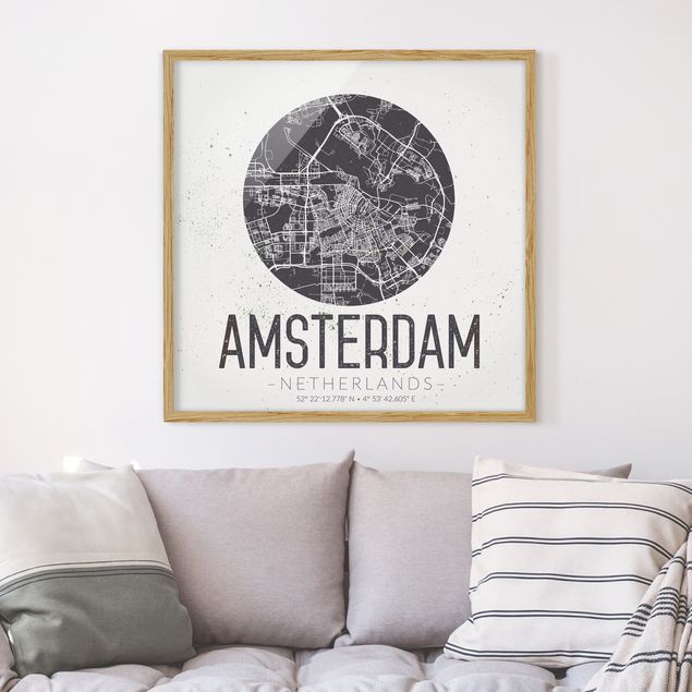 Tavlor med ram svart och vitt Amsterdam City Map - Retro