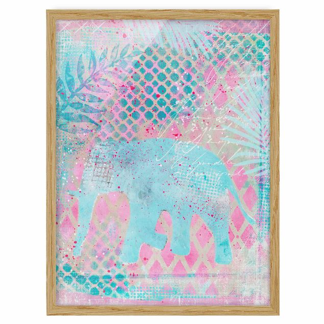 Tavlor med ram blommor  Colourful Collage - Elephant In Blue And Pink
