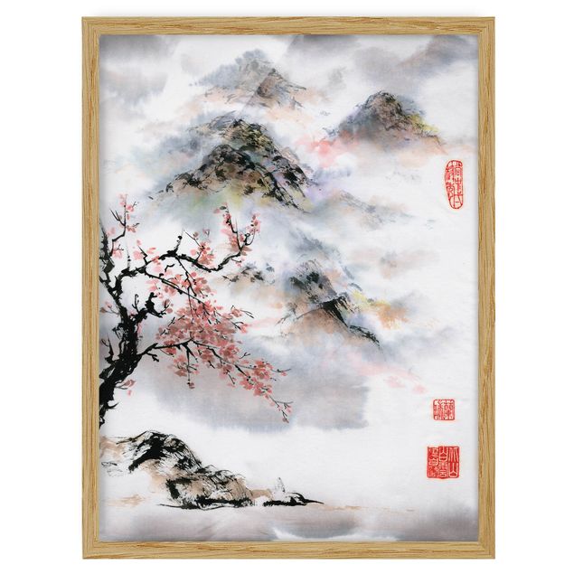 Tavlor landskap Japanese Watercolour Drawing Cherry Tree And Mountains