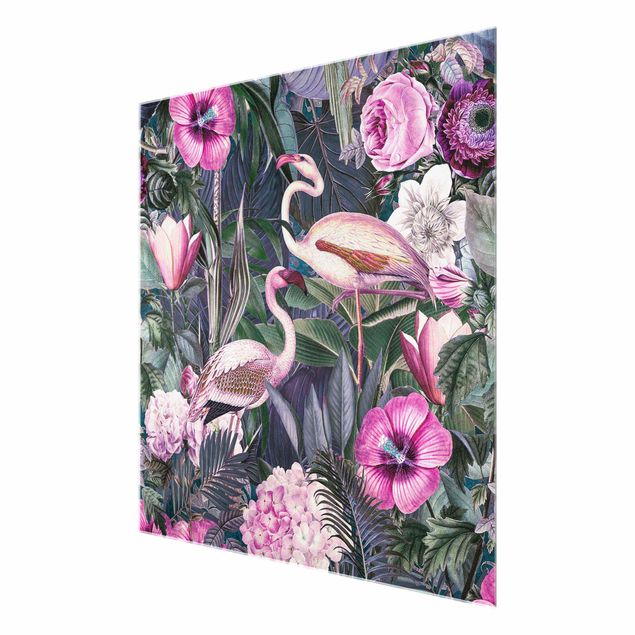 Tavlor blommor  Colourful Collage - Pink Flamingos In The Jungle