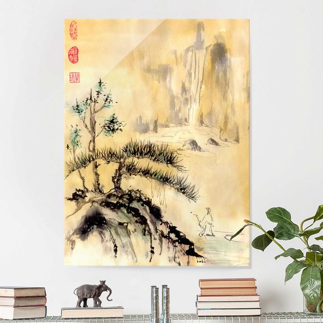 Kök dekoration Japanese Watercolour Drawing Cedars And Mountains