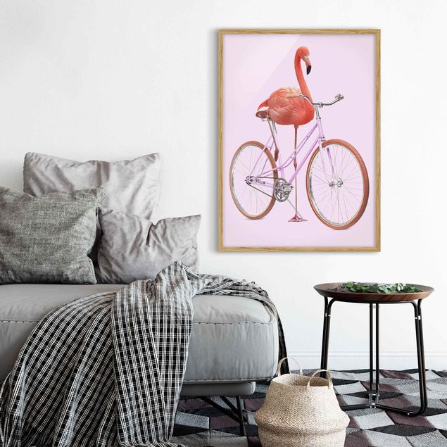 Tavlor med ram konstutskrifter Flamingo With Bicycle