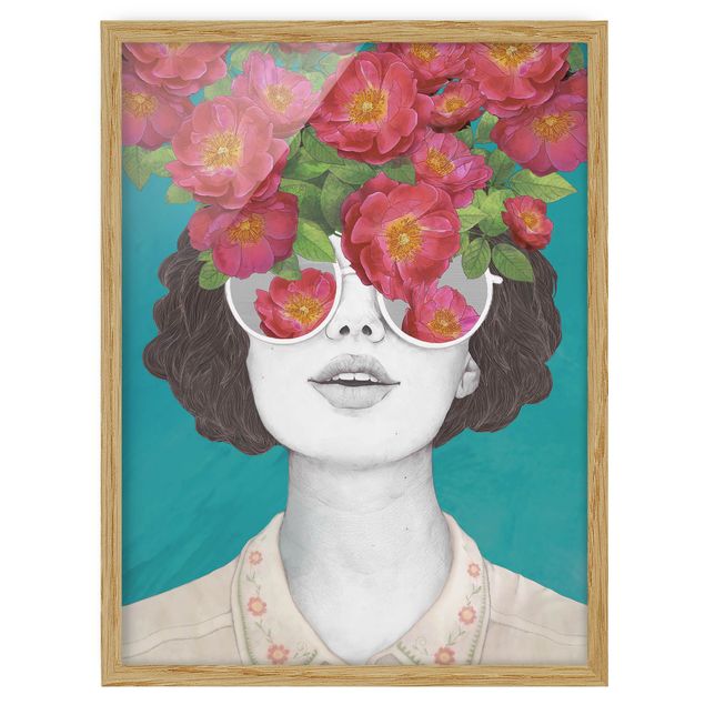 Tavlor modernt Illustration Portrait Woman Collage With Flowers Glasses