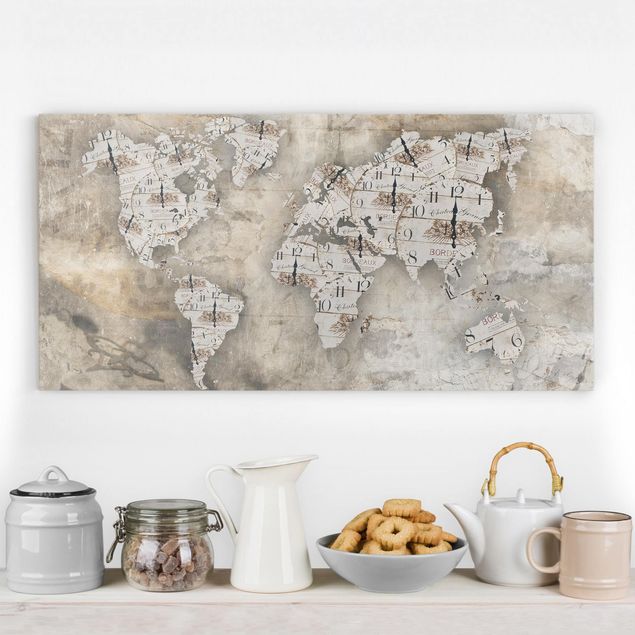 Canvastavlor sten utseende Shabby Clocks World Map