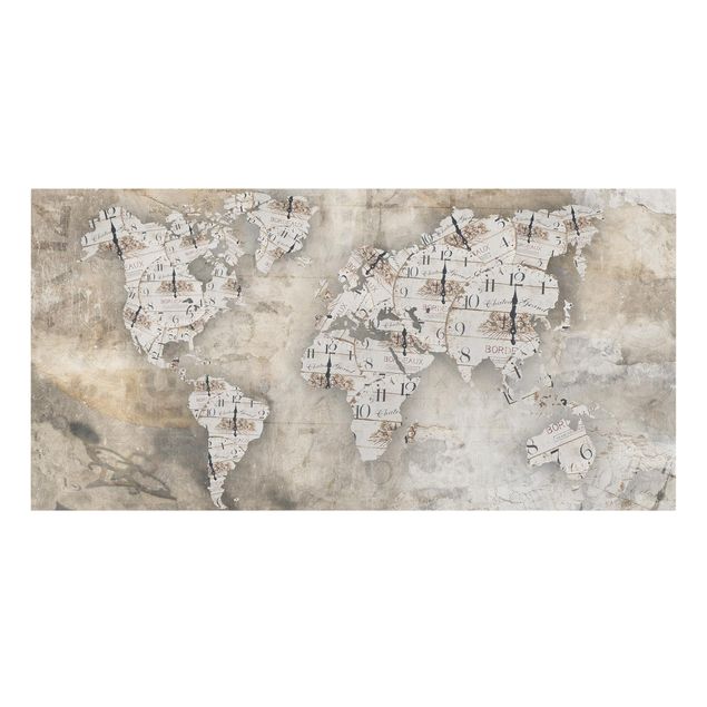 Canvastavlor världskartor Shabby Clocks World Map