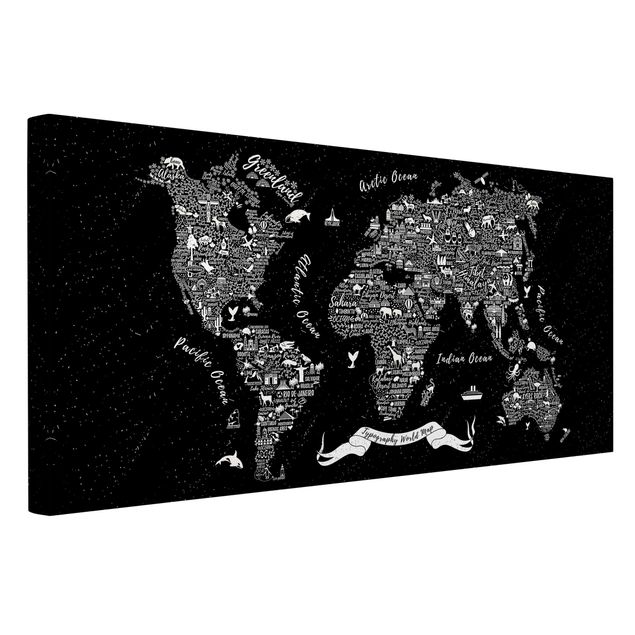 Canvastavlor världskartor Typography World Map Black