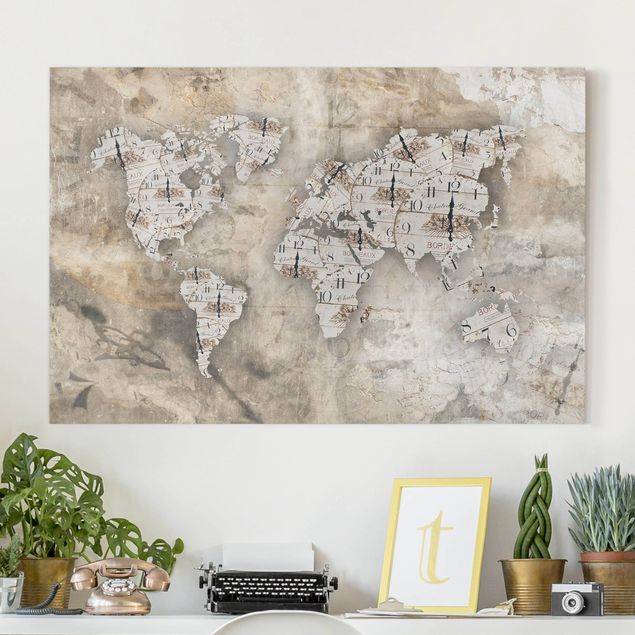 Canvastavlor sten utseende Shabby Clocks World Map