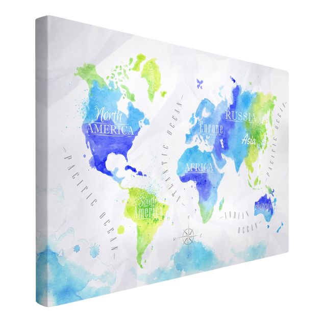 Canvastavlor världskartor World Map Watercolour Blue Green