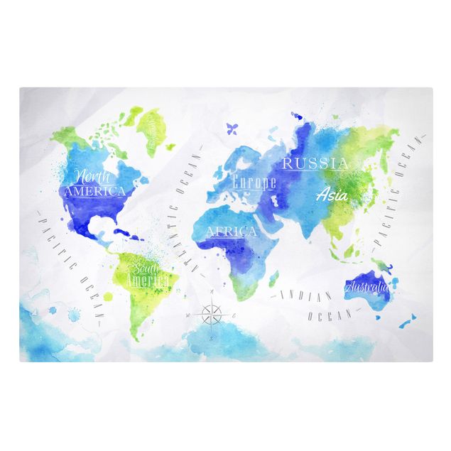 Tavlor blå World Map Watercolour Blue Green