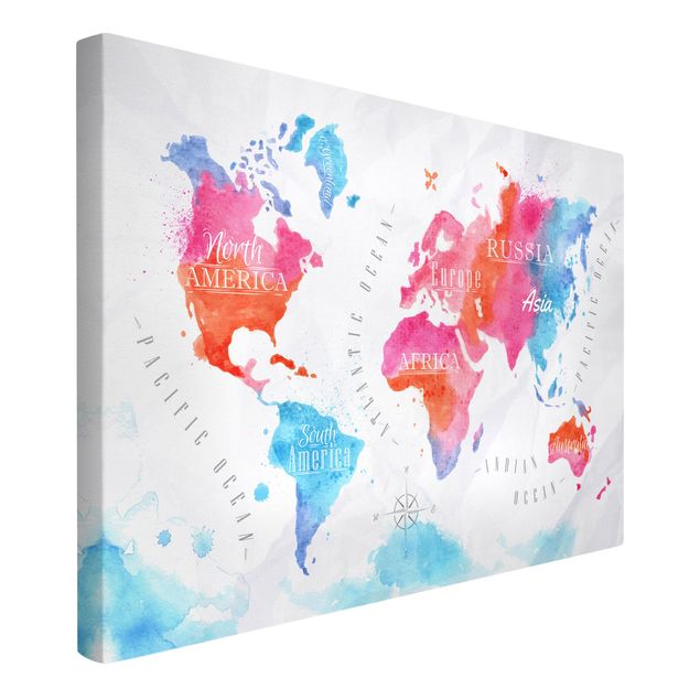 Canvastavlor världskartor World Map Watercolour Red Blue