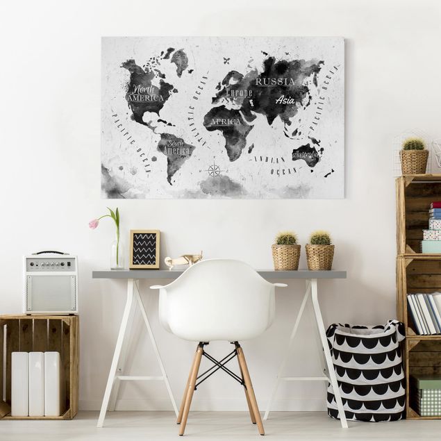 Canvastavlor svart och vitt World Map Watercolour Black