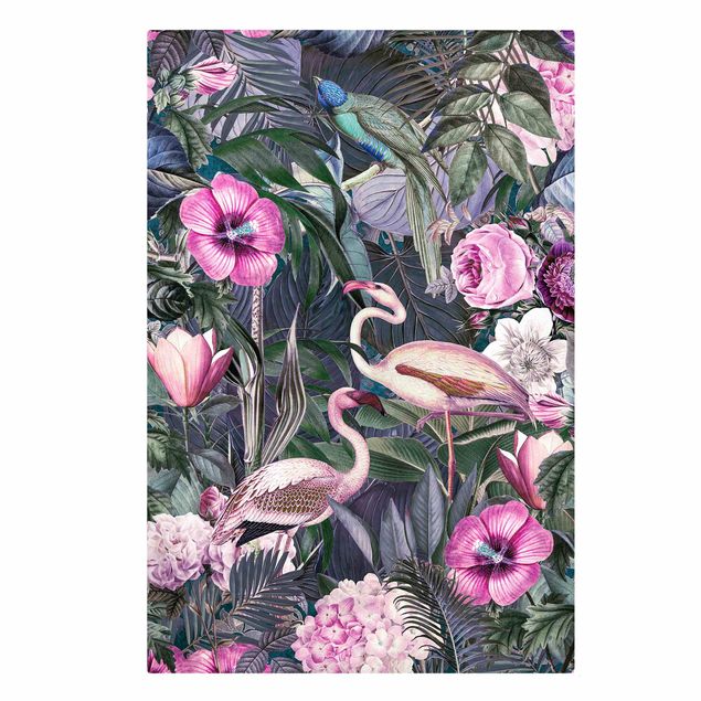 Canvastavlor blommor  Colourful Collage - Pink Flamingos In The Jungle
