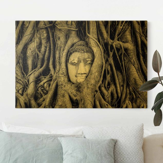 Canvastavlor svart och vitt Buddha in Ayuttaya Framed By Tree Roots In Black And White