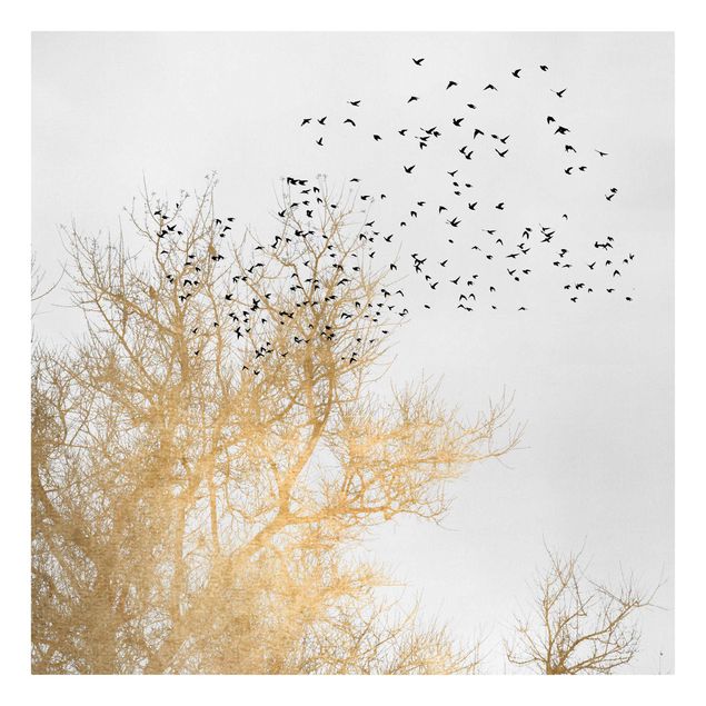 Canvastavlor konstutskrifter Flock Of Birds In Front Of Golden Tree