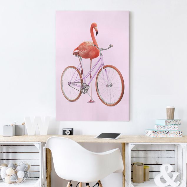 Canvastavlor fåglar Flamingo With Bicycle