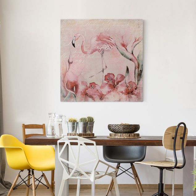 Canvastavlor fåglar Shabby Chic Collage - Flamingo
