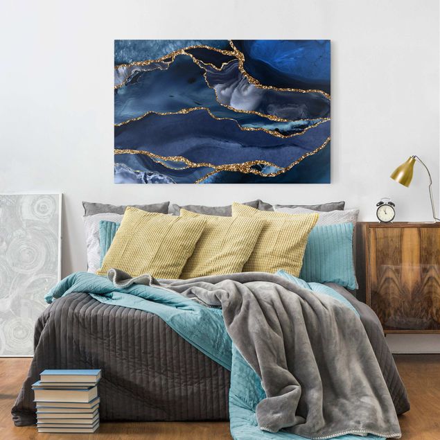 Canvastavlor konstutskrifter Golden Glitter Waves Blue Backdrop