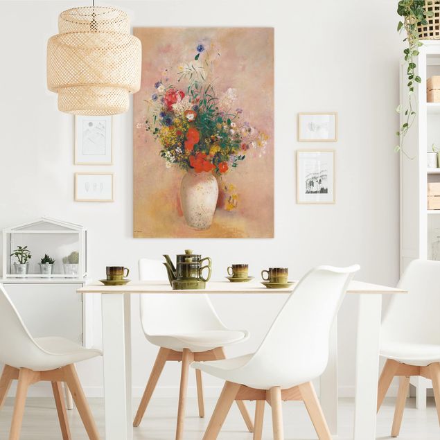 Canvastavlor rosor Odilon Redon - Vase With Flowers (Rose-Colored Background)