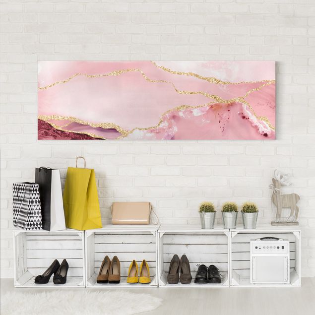 Canvastavlor sten utseende Abstract Mountains Pink With Golden Lines