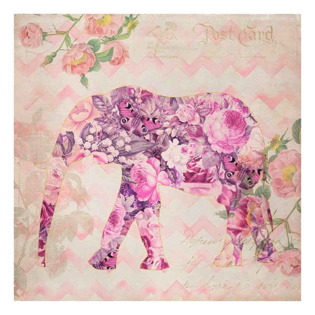 Canvastavlor schemtterlings Vintage Collage - Pink Flowers Elephant