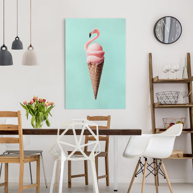 Canvastavlor konstutskrifter Ice Cream Cone With Flamingo
