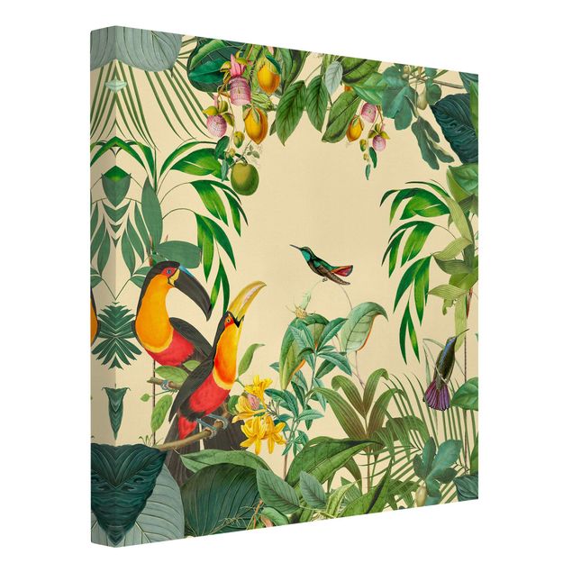 Canvastavlor blommor  Vintage Collage - Birds In The Jungle