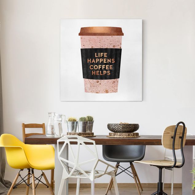 Canvastavlor kaffe Life Happens Coffee Helps Gold