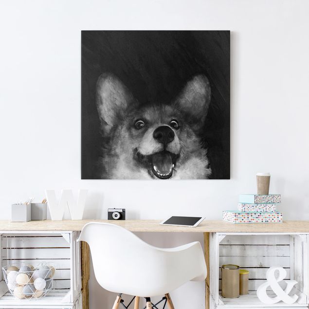 Canvastavlor hundar Illustration Dog Corgi Paintig Black And White