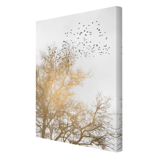 Canvastavlor landskap Flock Of Birds In Front Of Golden Tree