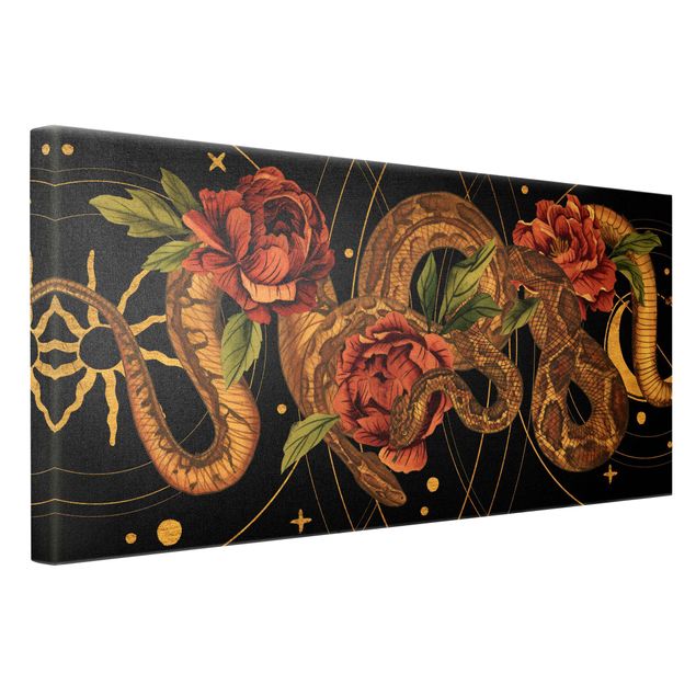 Canvastavlor Snakes With Roses On Black And Gold I