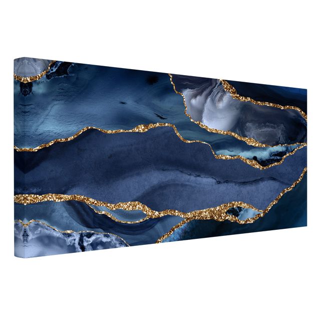 Canvastavlor abstrakt Golden Glitter Waves Blue Backdrop