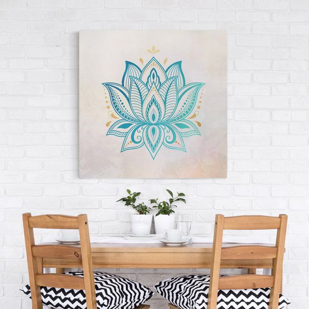 Canvastavlor mönster Lotus Illustration Mandala Gold Blue