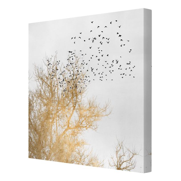 Canvastavlor landskap Flock Of Birds In Front Of Golden Tree