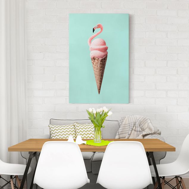 Canvastavlor fåglar Ice Cream Cone With Flamingo