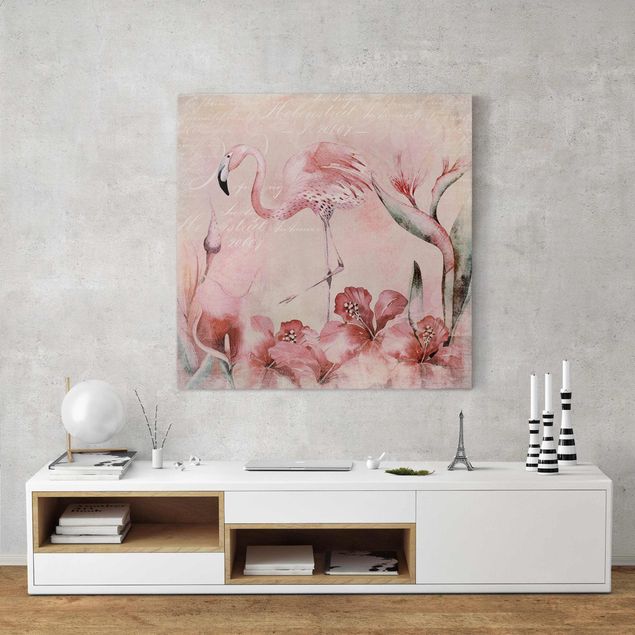 Canvastavlor blommor  Shabby Chic Collage - Flamingo