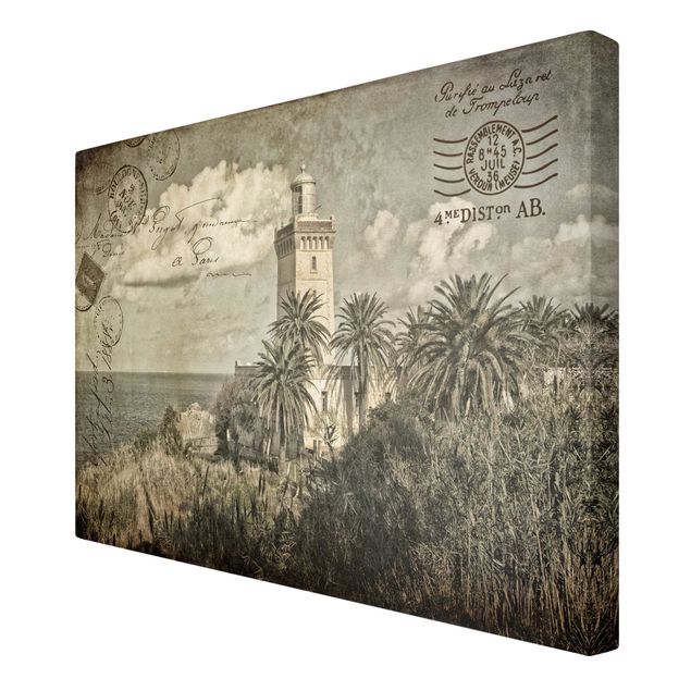 Canvastavlor landskap Vintage Postcard With Lighthouse And Palm Trees