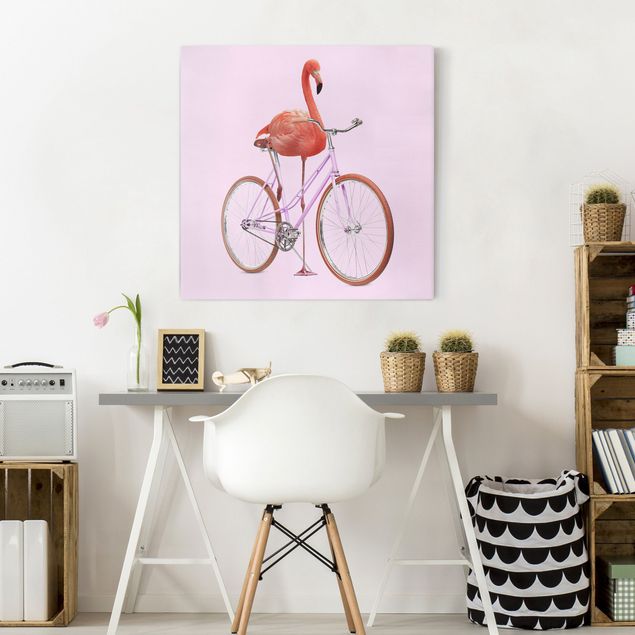 Canvastavlor konstutskrifter Flamingo With Bicycle