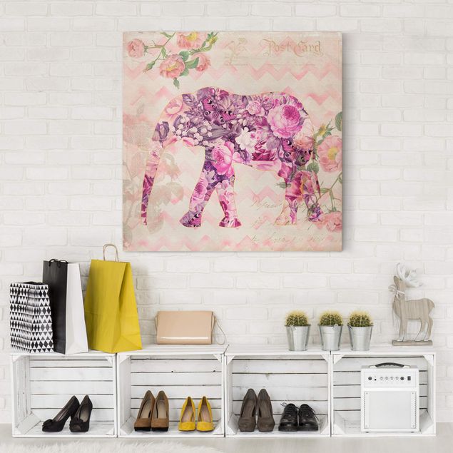 Kök dekoration Vintage Collage - Pink Flowers Elephant
