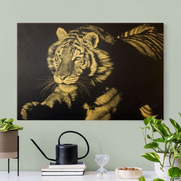 Canvastavlor katter Tiger In The Sunlight On Black