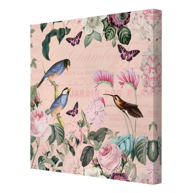 Canvastavlor blommor  Vintage Collage - Roses And Birds